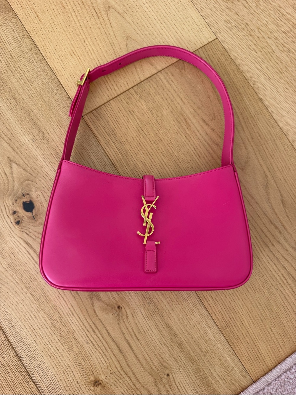 Authentic Saint Laurent Hot Pink Leather Shoulder Bag with Gold YSL Hardware